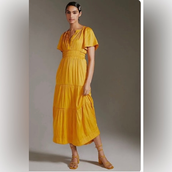Anthropologie Somerset Satin Maxi Dress Silky Flowy Mango Tiered - Picture 5 of 6